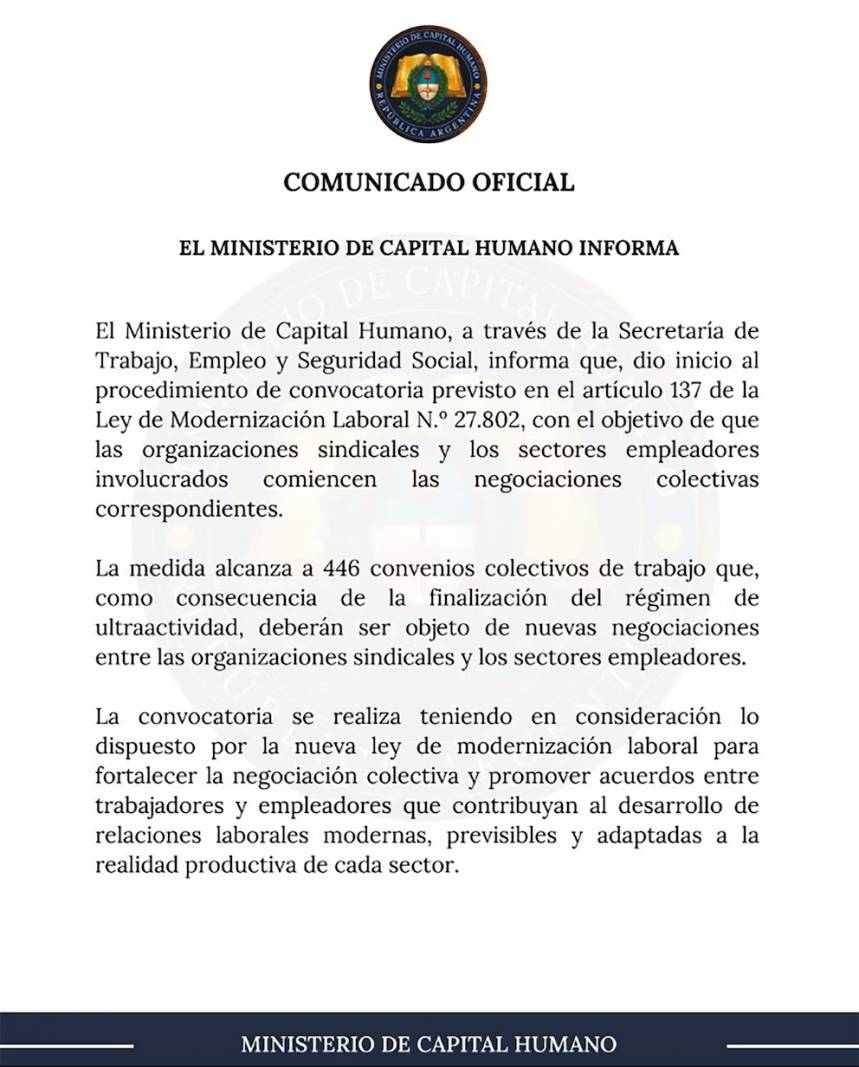 Reforma laboral: el Gobierno intimará a renegociar 446 convenios colectivos de trabajo