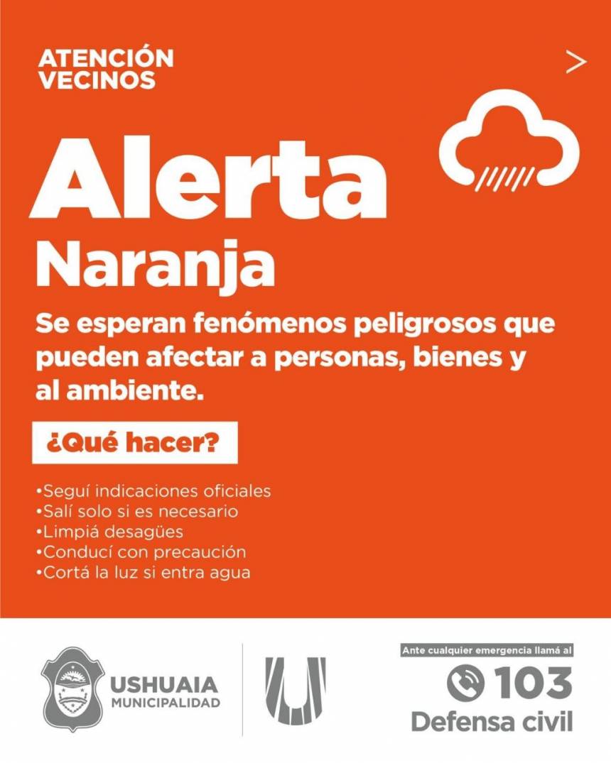 Defensa Civil de Ushuaia emite recomendaciones ante las lluvias persistentes previstas para este lunes