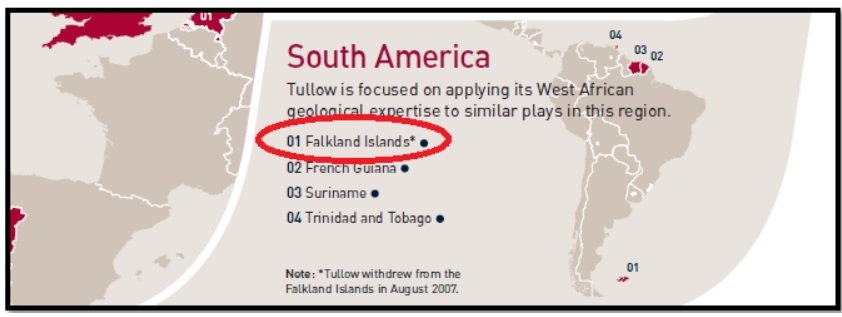 Fuente: OETEC – Tullow Oil plc, Annual Report and Accounts 2007. Pág. 5. En su informe anual de 2007, la petrolera da cuenta de su participación en Malvinas (Falkland Islands).