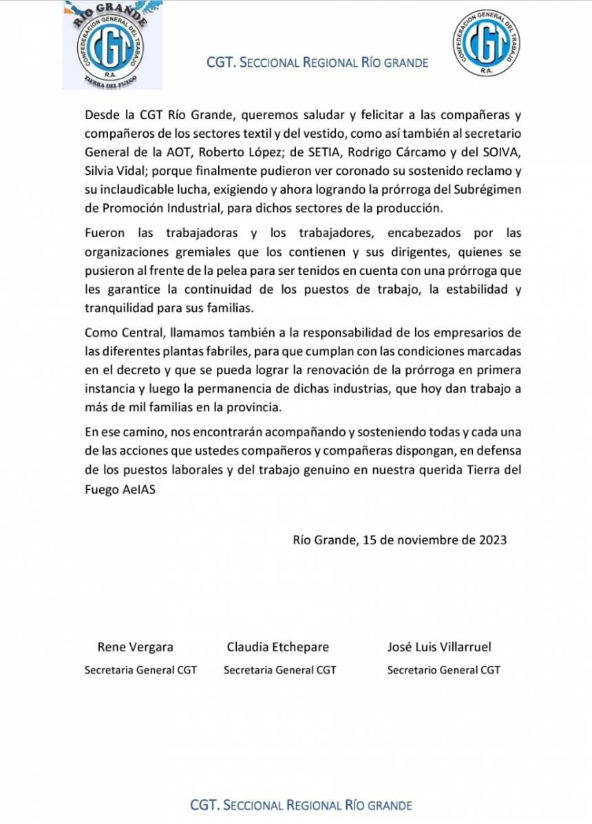 Mediante un comunicado, el triunvirato de la CGT Río Grande se pronunció sobre las elecciones presidenciales del próximo domingo.