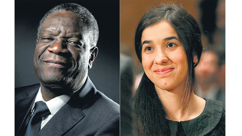  Los galardonados Denis Mukwege, médico ginecólogo, y la ex esclava sexual Nadia Murad.  Imagen: Leandro Teysseire